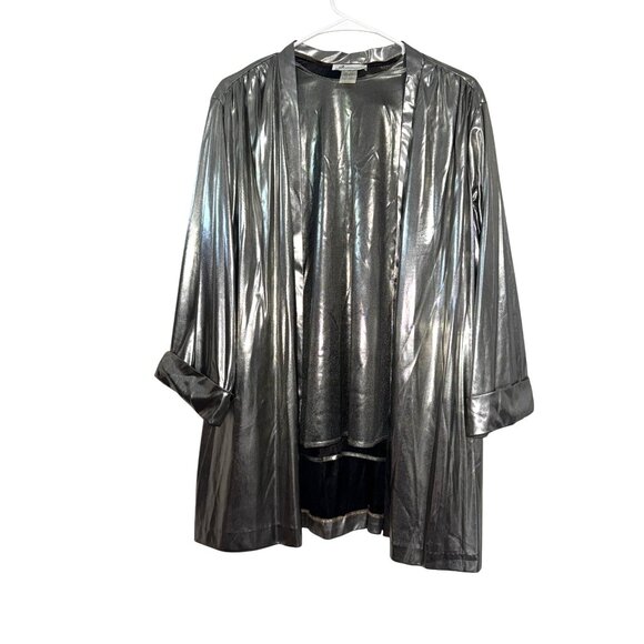 Metallic Silver 2-Piece Set Open Front Duster Jacket & Short Sleeve Top Womens S - Picture 2 of 12